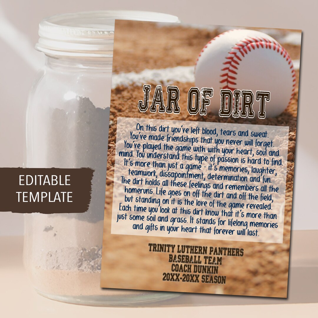 Baseball Jar of Dirt Gift Tags, Printable Gift From Coach Idea, Editable End of Baseball Season
