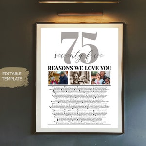 Editable Template, 75 Reasons we love you Photo Collage, Mom&#39;s 75th Birthday, Dad&#39;s 75th Birthday, 75 Things We Love About You Friend Gift