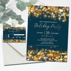 Vorlage für Firmenfeier, druckbare, bearbeitbare, jährliche Weihnachtsfeier, Weihnachtsbeleuchtung, Bokeh-Design, Neujahrsparty