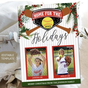 Softball-Weihnachtskarte, Zuhause für die Feiertage, Feiertagsgruß-Fotokarte, Familie, Kinder, Urlaub, Baseballfans, Fotokarte, bearbeitbare Vorlage