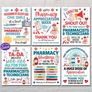Könnte beinhalten: Sechs Poster zur Wertschätzung von Apothekenmitarbeitern mit farbenfrohen Designs. Jedes Poster zeigt Texte wie "Apotheken-Wertschätzungswoche" und "Danke" mit Illustrationen von medizinischen Geräten und Medikamenten.