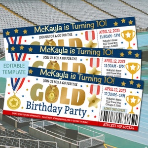 Invito per biglietto festa a tema medaglia d'oro, tema di compleanno sportivo per bambini, invito al percorso a ostacoli dei giochi estivi, modello modificabile Go For the Gold