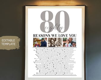 Könnte beinhalten: Ein druckbarer 80. Geburtstagsplakat mit einer grauen Zahl 80 und dem Text "eighty reasons we love you". Das Plakat zeigt vier Schwarzweißfotos von Menschen und eine Liste mit 80 Gründen, jemanden zu lieben.