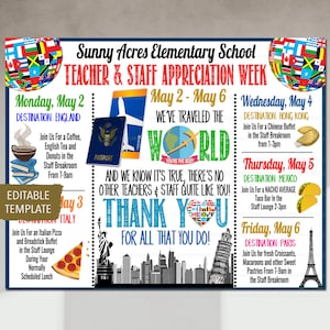 Around The World International Themed Teacher Appreciation Week Itinerary Poster Printable, Staff Employee Thank You, Editable Template