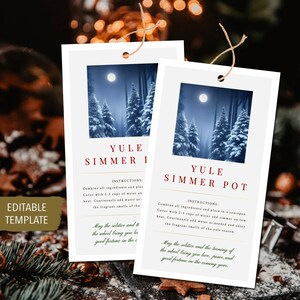 May include: Two printable tags with a wintery forest scene and instructions for making a Yule simmer pot. The text on the tags reads "Yule Simmer Pot" and includes instructions for combining ingredients and simmering them in water. The text also includes a wish for good fortune in the coming year.