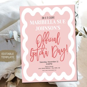 Official Gotcha Day Editable Adoption Invite Template, Printable Editable, Pink Border Modern Adoption Celebration Party Ceremony Invitation