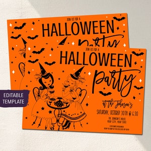 Vintage Halloween Party Invitation, Retro Halloween Party Template, Printable Invite, Orange and Black Throwback Witch's Tea Party, TEMPLATE
