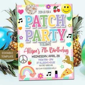 Patch Party Birthday Party Invitation Template, Retro Varsity Trucker Hat Party Bar Theme, Preppy Tween Teen Girl Party Idea, EDITABLE