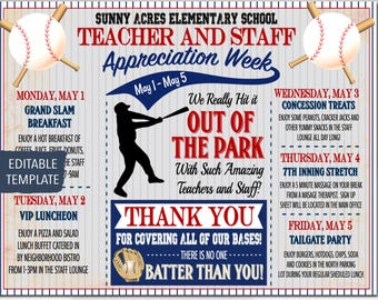 Baseball Themed Teacher Appreciation Week Itinerary Poster Printable, Sports VIP Theme Staff Thank You Events Schedule EDITABLE TEMPLATE