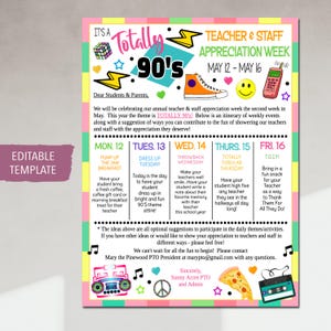 Puede incluir: Un póster imprimible con un esquema de colores rosa, verde y azul brillantes. El póster es para la Semana de Apreciación del Profesorado y el Personal, con el tema "Totally 90's". El póster incluye un calendario de eventos para la semana, desde el lunes 12 de mayo hasta el viernes 16 de mayo. El póster también incluye una sugerencia para cada día de la semana, como "Pump Up the Jam Breakfast" el lunes y "TGIF!" el viernes.