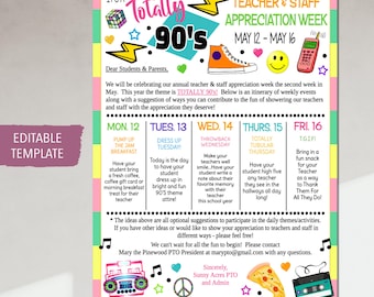 Teacher Appreciation Week Itinerary, Retro Throwback 80s 90s Theme Calendar, Student Family Take Home Flyer Handout, EDITABLE TEMPLATE
