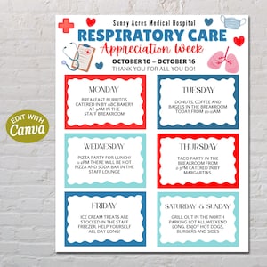 May include: A colorful appreciation week poster for Sunny Acres Medical Hospital's Respiratory Care department. The poster includes a schedule of events from October 10-16, with graphics of medical tools and hearts.