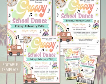 Groovy Retro Dance Theme Template Set, Printable High School Formal, 60's 70's Homecoming Senior Junior Prom Daddy Daughter Flyer, EDITABLE
