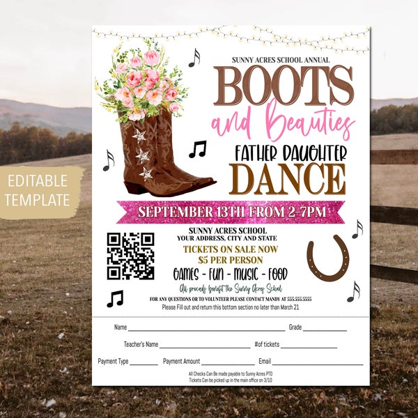 Boots and Beauties Dance Theme Template Printable High School Formal, Homecoming Senior Junior Prom, Daddy Daughter Dance Flyer, EDITABLE