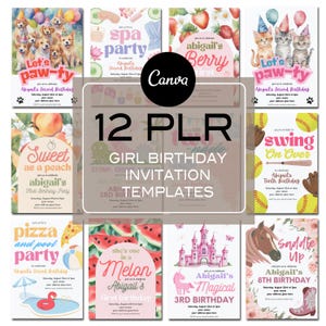May include: Twelve printable girl birthday invitation templates with various themes, including a spa party, a berry-themed party, a paw-ty, a peach-themed party, a swing party, a pizza and pool party, a watermelon-themed party, a princess party, and a horse-themed party. The templates are designed with watercolor illustrations and feature a pink and white color scheme.