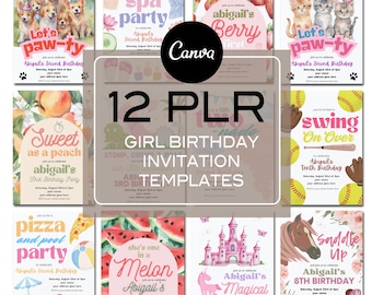 PLR Girl Birthday Party Invitations, PLR Kid Party Invites, Resell Done For You Editable Invitation Template Products, Edit with Canva