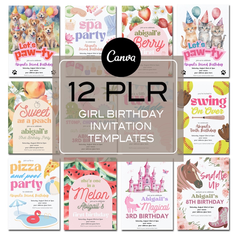 May include: Twelve printable girl birthday invitation templates with various themes, including a spa party, a berry-themed party, a paw-ty, a peach-themed party, a swing party, a pizza and pool party, a watermelon-themed party, a princess party, and a horse-themed party. The templates are designed with watercolor illustrations and feature a pink and white color scheme.