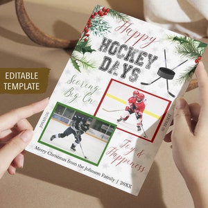 Tarjeta de Navidad de hockey, Felices días de hockey, tarjeta fotográfica de felicitación navideña, tarjeta fotográfica para fanáticos de los deportes de hockey de vacaciones familiares para niños, plantilla editable