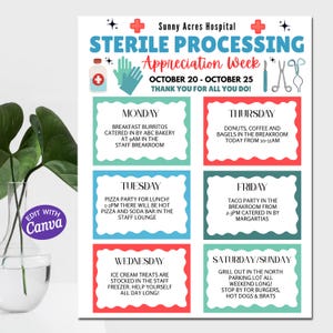 Puede incluir: Un colorido cartel para la Semana de Apreciación de Procesamiento Estéril del Hospital Sunny Acres, del 20 al 25 de octubre. El cartel presenta un programa de eventos, que incluye burritos de desayuno, pizza, helado y una fiesta de tacos.