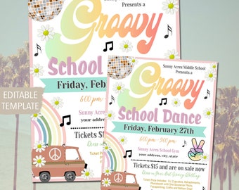 Groovy Retro Dance Theme Template Printable High School Formal, 60's 70's Homecoming Senior Junior Prom Daddy Daughter Dance Flyer, EDITABLE