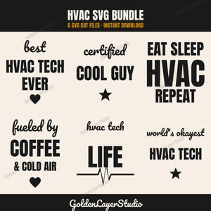Könnte beinhalten: Ein digitales HVAC-SVG-Paket mit sechs schwarzen textbasierten Designs auf hellem Hintergrund. Die Phrasen umfassen 'best HVAC TECH EVER', 'certified COOL GUY', 'EAT SLEEP HVAC REPEAT', 'fueled by COFFEE & COLD AIR', 'hvac tech LIFE' und 'world's okayest HVAC TECH'.