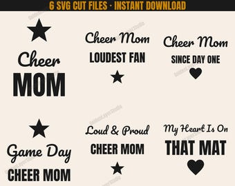 Cheer Mom SVG Bundle, 6 Cheerleading Cut Files for Cricut, Cheer Mom Shirt PNG, Game Day Cheerleader Sublimation Download