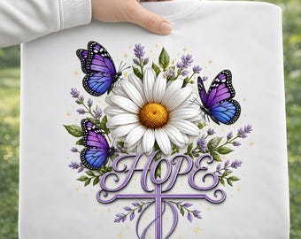 Diseño PNG de Cruz de la Esperanza para sublimación, Mariposa Margarita Cristiana PNG, Camiseta Inspiradora de Fe SVG, Descarga Digital, Diseño para Cricut