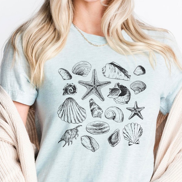 Mermaidcore Seashell Summer Tee, Beachy Shirt, Ocean Beach Lover Tshirt, Coastal Tops for Women, T-shirt Seaside Shell Vintage Trendy