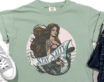 Stay Salty Beach T-Shirt, Distressed Retro Beach Bum Tee, Mermaid Vintage Summer Shirt, Beachy Funny Shirt, Salty Bitch Mermaidcore Tee