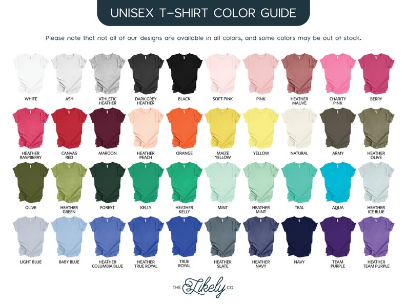 Puede incluir: Una tabla de colores que muestra 36 colores diferentes de camisetas. Los colores est&aacute;n dispuestos en filas y columnas. La tabla incluye colores como blanco, ceniza, gris deportivo, gris oscuro, negro, rosa suave, rosa, malva jaspeado, rosa caridad, baya, frambuesa jaspeado, rojo lienzo, granate, melocot&oacute;n jaspeado, naranja, amarillo ma&iacute;z, amarillo, natural, ej&eacute;rcito, oliva jaspeado, oliva, verde jaspeado, bosque, kelly, kelly jaspeado, menta, menta jaspeado, azul verdoso, aguamarina, azul hielo jaspeado, azul claro, azul beb&eacute;, azul columbia jaspeado, azul royal jaspeado, azul royal, pizarra jaspeado, azul marino jaspeado, azul marino, morado equipo, morado equipo jaspeado.