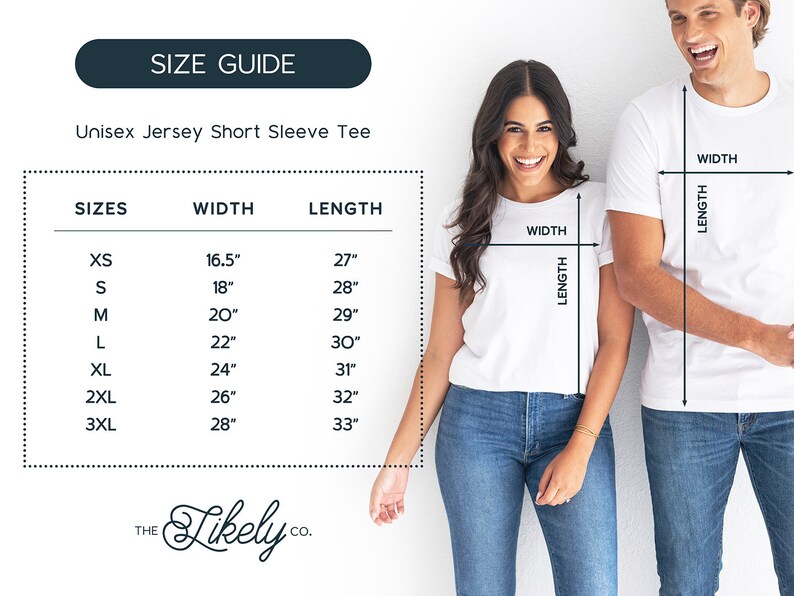 Puede incluir: Tabla de tallas para una camiseta de manga corta de punto unisex. La tabla muestra las tallas XS a 3XL con las medidas de ancho y largo correspondientes en pulgadas.