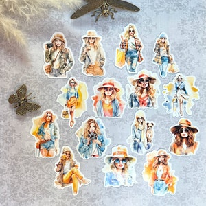 Naklejki akwarelowe dla dziewczyn modowych, dziennik śmieciowy, dziennik pocisków, album ze zdjęciami, naklejki, efemerydy, tworzenie kartek, rękodzieło papierowe, naklejki dla kobiet