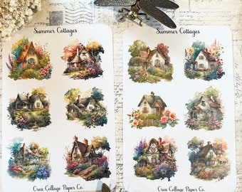 May include: Two sheets of stickers featuring watercolor illustrations of summer cottages surrounded by colorful flowers and greenery. The text "Summer Cottages" is at the top, and "Crea Collage Paper Co." is at the bottom.