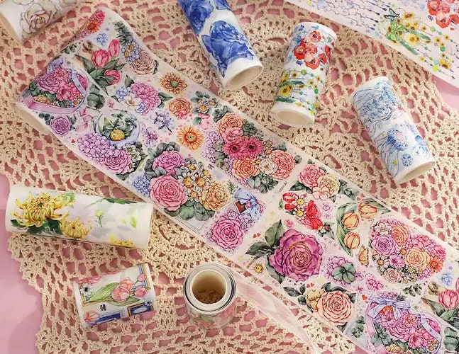 One Roll of Heart Floral PET Tape, Flower Tape, Washi Tape