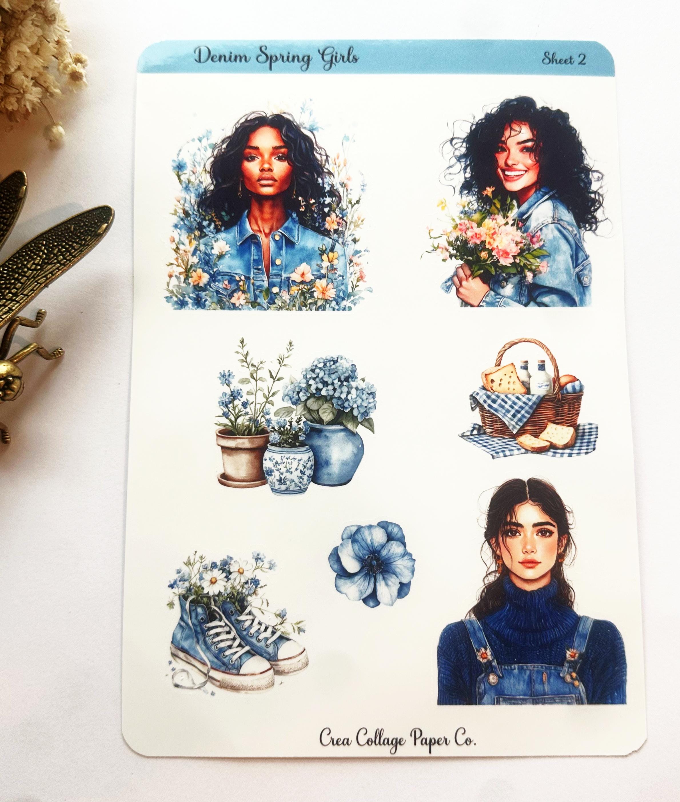 Denim Spring Girl Stickers: Scrapbook Planner Stickers - Etsy