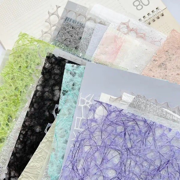 10 pieces of handmade assorted paper, mesh, crepe, textured paper, junk journaling, scrapbooking, bullet journaling card making, paper craft