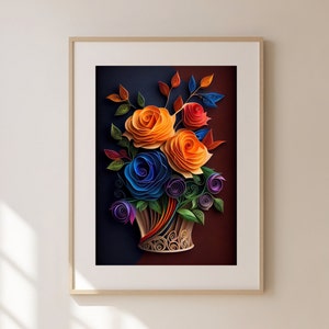 Paper Quilling 3D Wall Art of Floral Basket, Dimensional Wall Art, Quilling Art, Digital Art, Parametric Wall Art, Art Prints