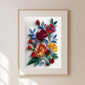 Flower Quilling Art, Paper Quilling, Flowers & Leaves Quilling Wall Art, Dimensional Wall Art, Art Prints, Printable Wall Art