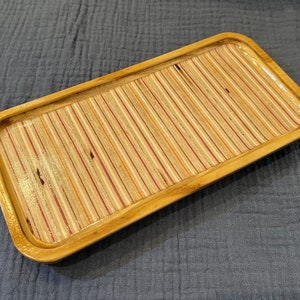 Striped pattern wood and paper potbelly jewelry tray / valet / ring dish / catch-all with feet