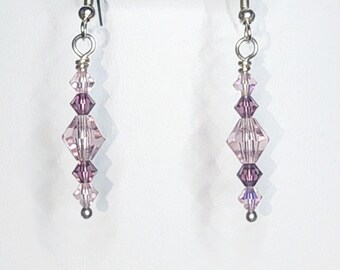 0109 Sterling Silver/Swarovski Crystal Handcrafted Beaded Earrings in 6mm Lt Amethyst, 4mm Lt Amethyst AB and 4mm Amethyst