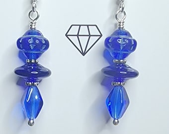 Handcrafted Cobalt Blue Cut Glass Earrings, Sterling Silver Wires