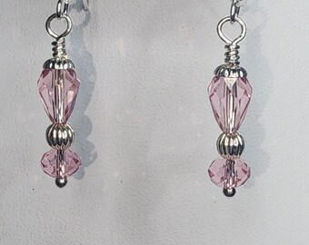 Handcrafted Sterling Silver Swarovski Crystal Earrings: Light Rose Teardrop