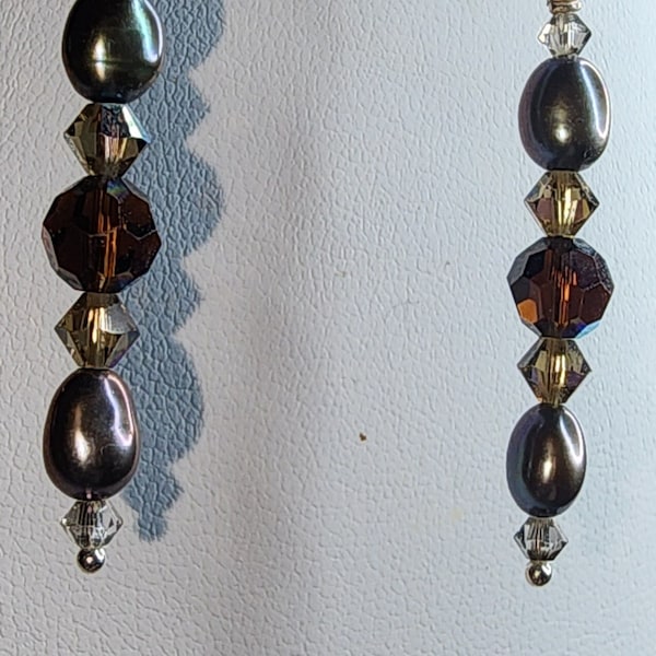 0127 Swarovski Crystal/Sterling Silver Handcrafted Earrings 6mm Mocca AB, 3mm Smokey Topaz AB Bicones Fresh Water Pearls