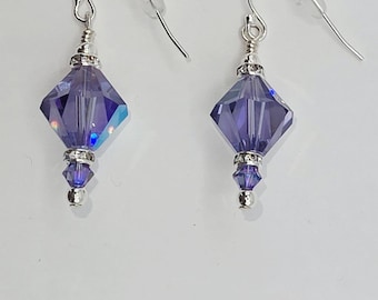 Tanzanite AB Swarovski Crystal Earrings: Sterling Silver Rhinestone Artisan Jewelry