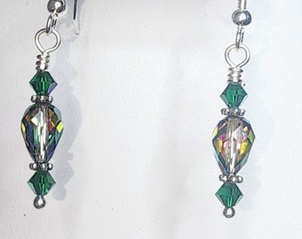 0094 Sterling Silver/Swarovski Crystal Handcrafted Beaded Earrings in 9x6 Vitrail Medium Teardrops and 4mm Emerald Bicones