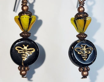 0245 Handcrafted Artisan Drop/Dangle Earrings Yellow Flower Black Circle Gold Wash Bee Czech Crystal Gun Metal Ear Wires Antique Copper Pin