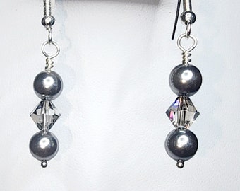 0060 Sterling Silver/Swarovski Crystal Handcrafted Beaded Earrings in 6mm Crystal Satin and 6mm Light Gray Swarovski Pearls