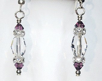 0080 Sterling Silver/Swarovski Crystal Handcrafted Beaded Earrings in 10.5x7 mm Clear Olive Flanked by 4mm Amethyst and Rhinestone Rondells