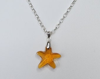 0023 18-in Sterling Silver Oval Cable Chain Necklace with 20mm Swarovski Crystal Starfish Pendant in Topaz Great for Beach