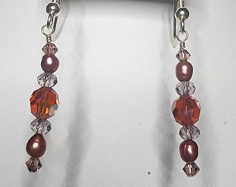 0123 Sterling Silver/Swarovski Handcrafted Beaded Earrings 6mm Indian Red AB Rounds, 4mm Antiqie Pink Brioletts and Fresh Water Pearls